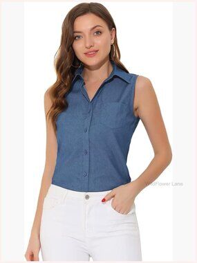 Sleeveless Button Down Denim Shirt - Dressy Casual Tunics Top